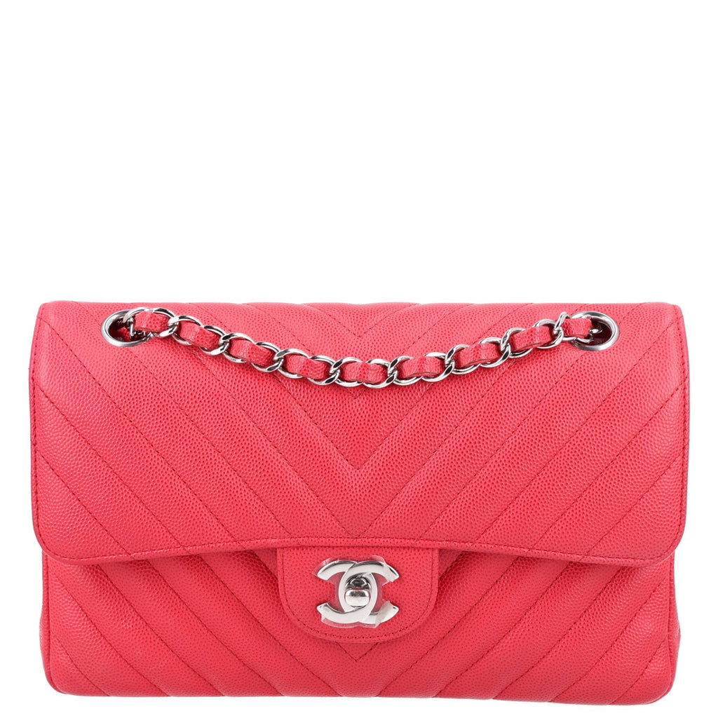 Chanel Caviar Chevron Quilted Small Double Flap Dark Pink