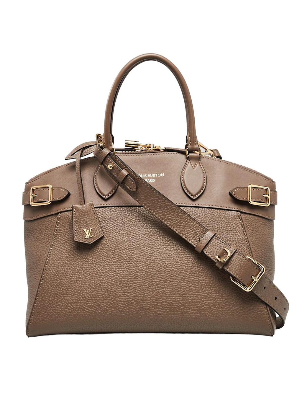 Louis Vuitton Lockit MM Earth Taurillon leather bag with gold hardware, 3/4 view with crossbody strap