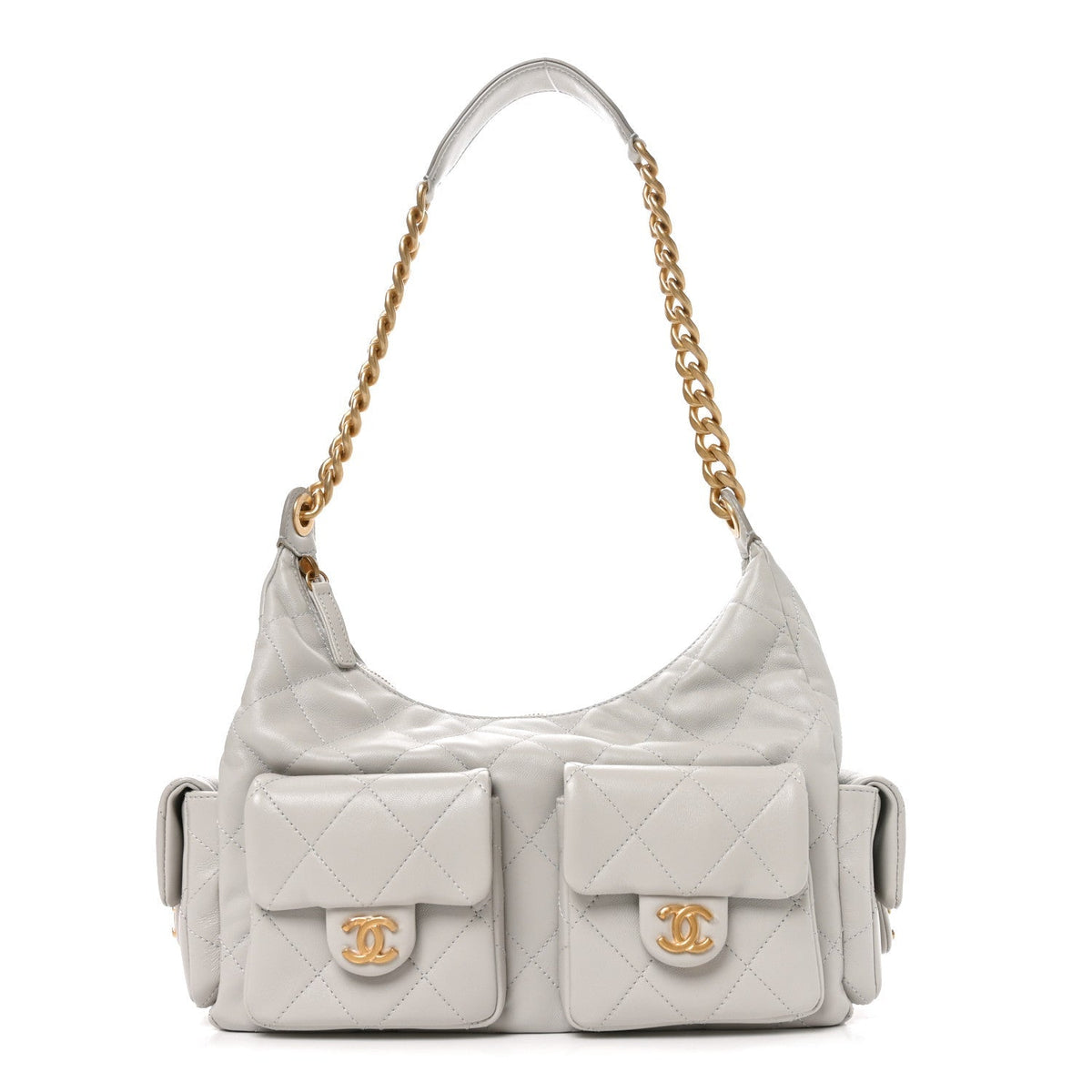 Chanel Shiny Lambskin Quilted Large Trendy Pockets Hobo Light Grey