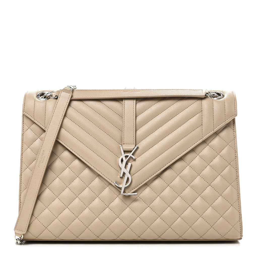 Saint Laurent Grain De Poudre Mixed Matelasse Large Triquilt Monogram Satchel Dark Beige