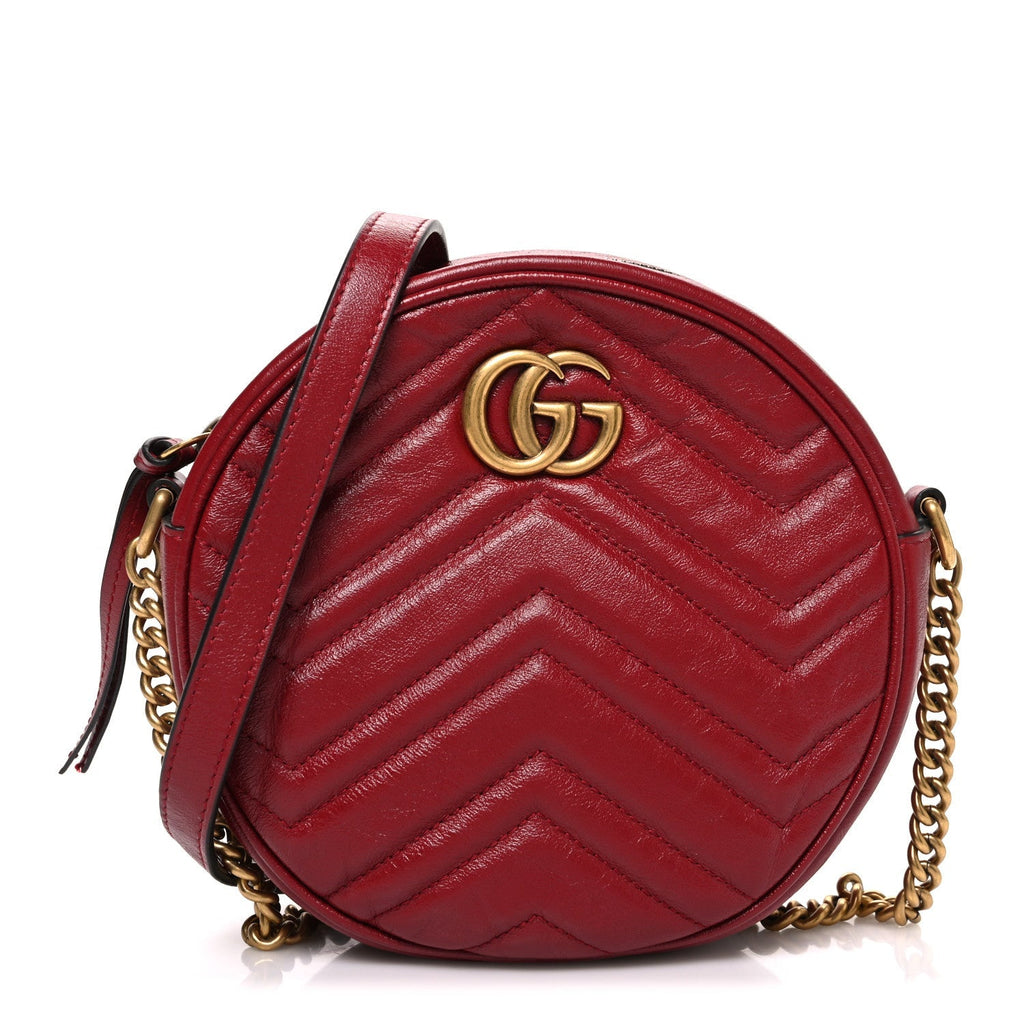 Gucci Glazed Calfskin Matelasse Heart Mini GG Marmont Round Shoulder Bag Romantic Cerise