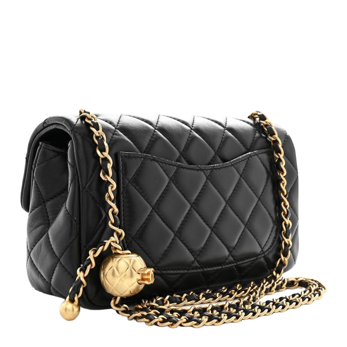 Chanel Pearl Crush Mini Flap - 3/4 view with gold ball chain