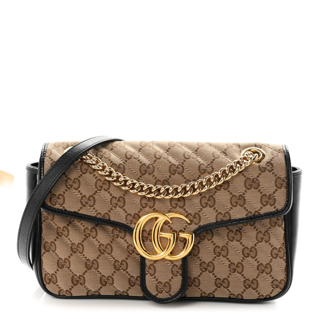 Gucci Monogram Matelasse Diagonal Small GG Marmont Shoulder Bag Beige Black