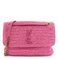 Saint Laurent Raffia Calfskin Monogram Medium Niki Chain Satchel Bright Pink