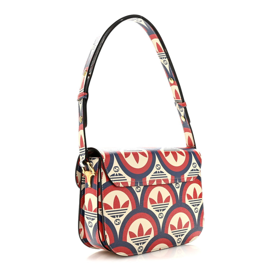 Gucci X ADIDAS Shangai Calfskin Web Trefoil Interlocking G Small Horsebit 1955 Shoulder Bag Red White Blue