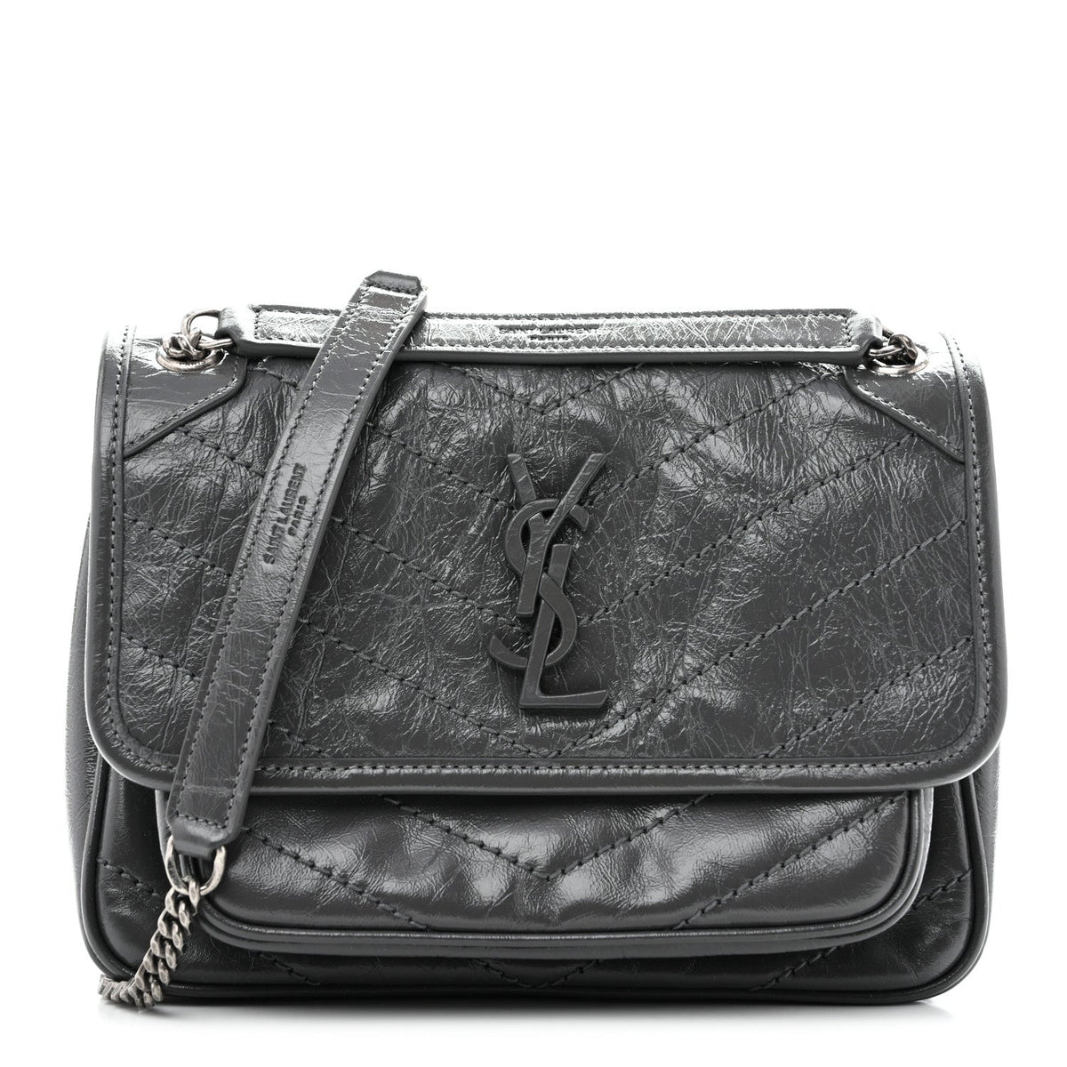 Saint Laurent Crinkled Calfskin Matelasse Monogram Baby Niki Chain Satchel Storm