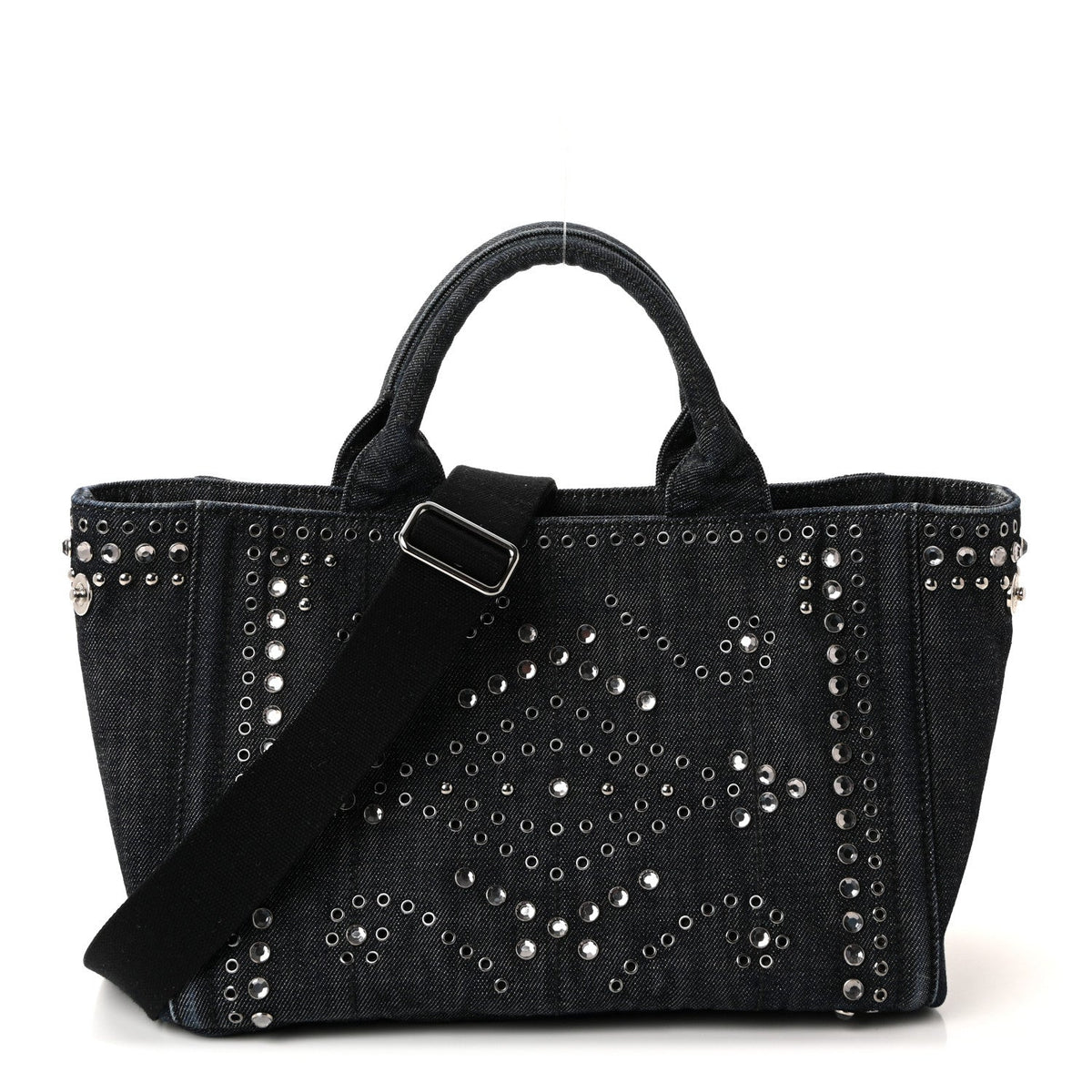 Prada Canapa Denim Crystal Rivet Studded Tote Avio