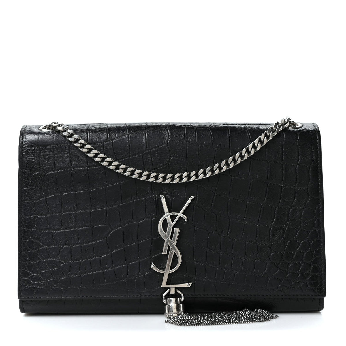 Saint Laurent Calfskin Crocodile Embossed Medium Classic Monogram Kate Tassel Satchel Black
