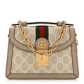 Gucci GG Supreme Monogram Textured Dollar Calfskin Web Mini Ophidia Padlock Top Handle Chain Shoulder Bag Beige Mystic White Oatmeal