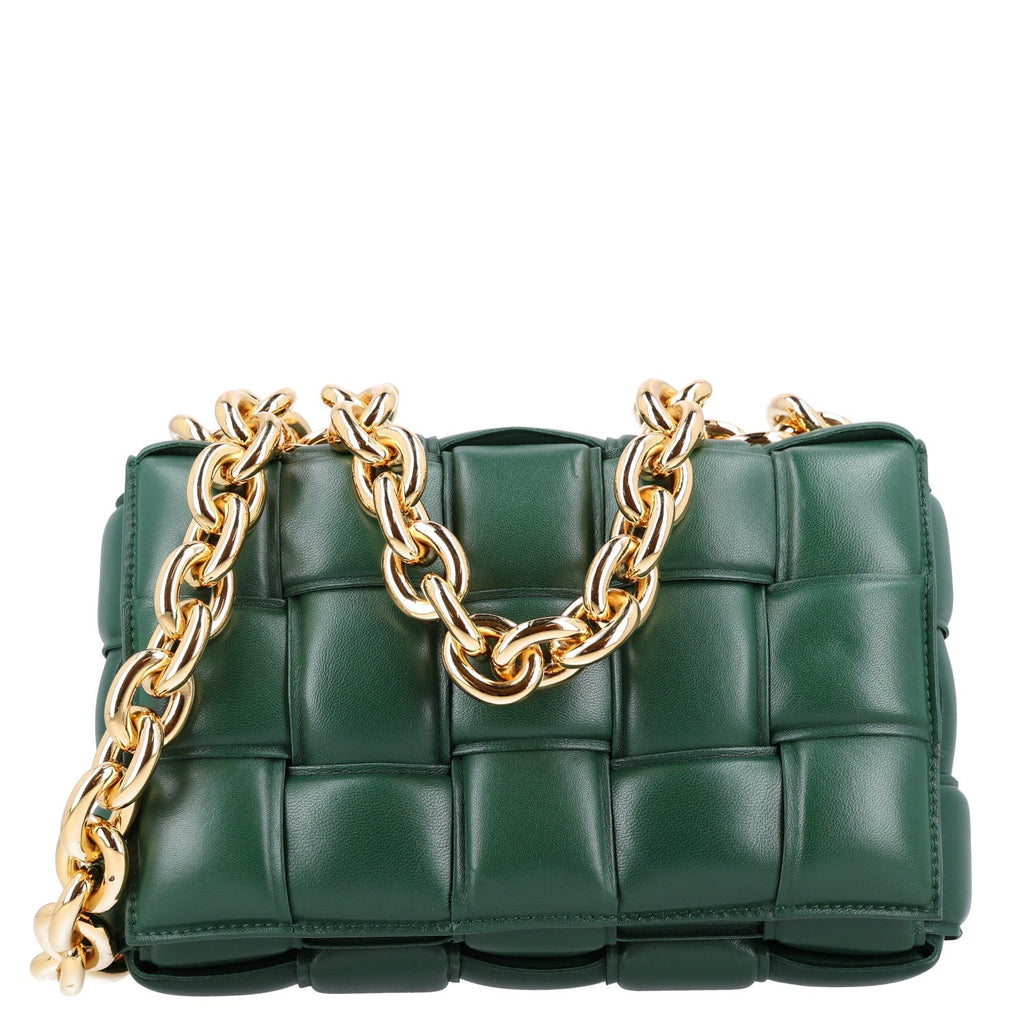 Bottega Veneta Lambskin Maxi Intreccio Padded Chain Cassette Crossbody Bag Raintree
