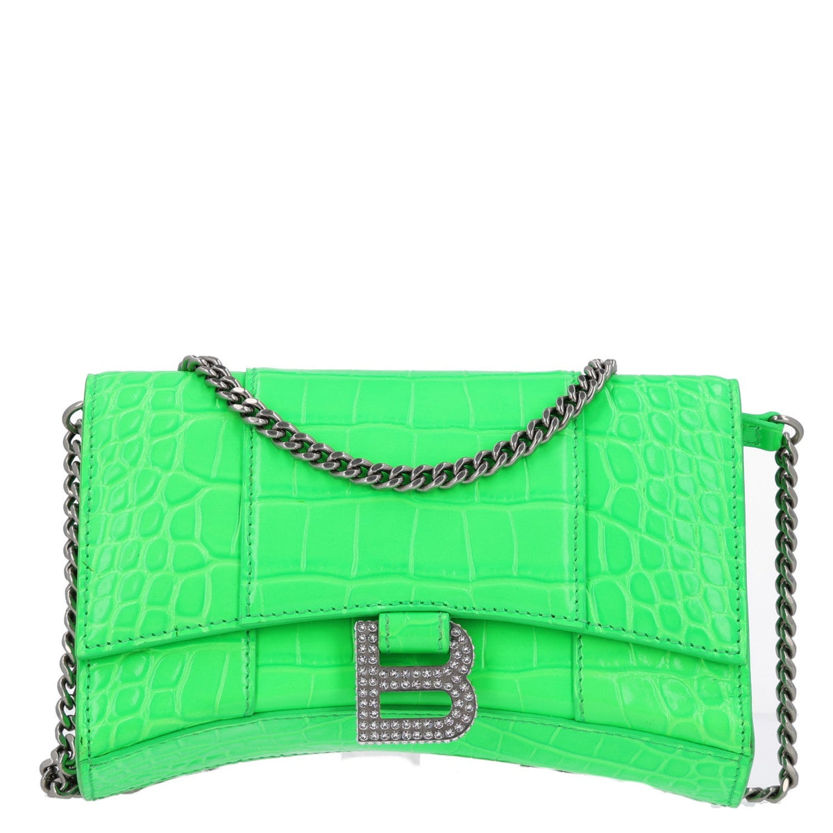 Balenciaga Shiny Calfskin Strass Crocodile Embossed Hourglass Chain Bag Fluo Green
