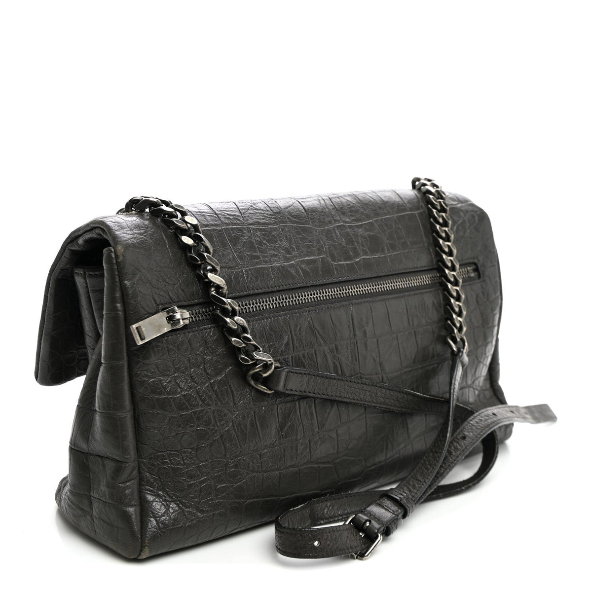 Saint Laurent Calfskin Crocodile Embossed Medium West Hollywood Monogram Fold-Over Grey