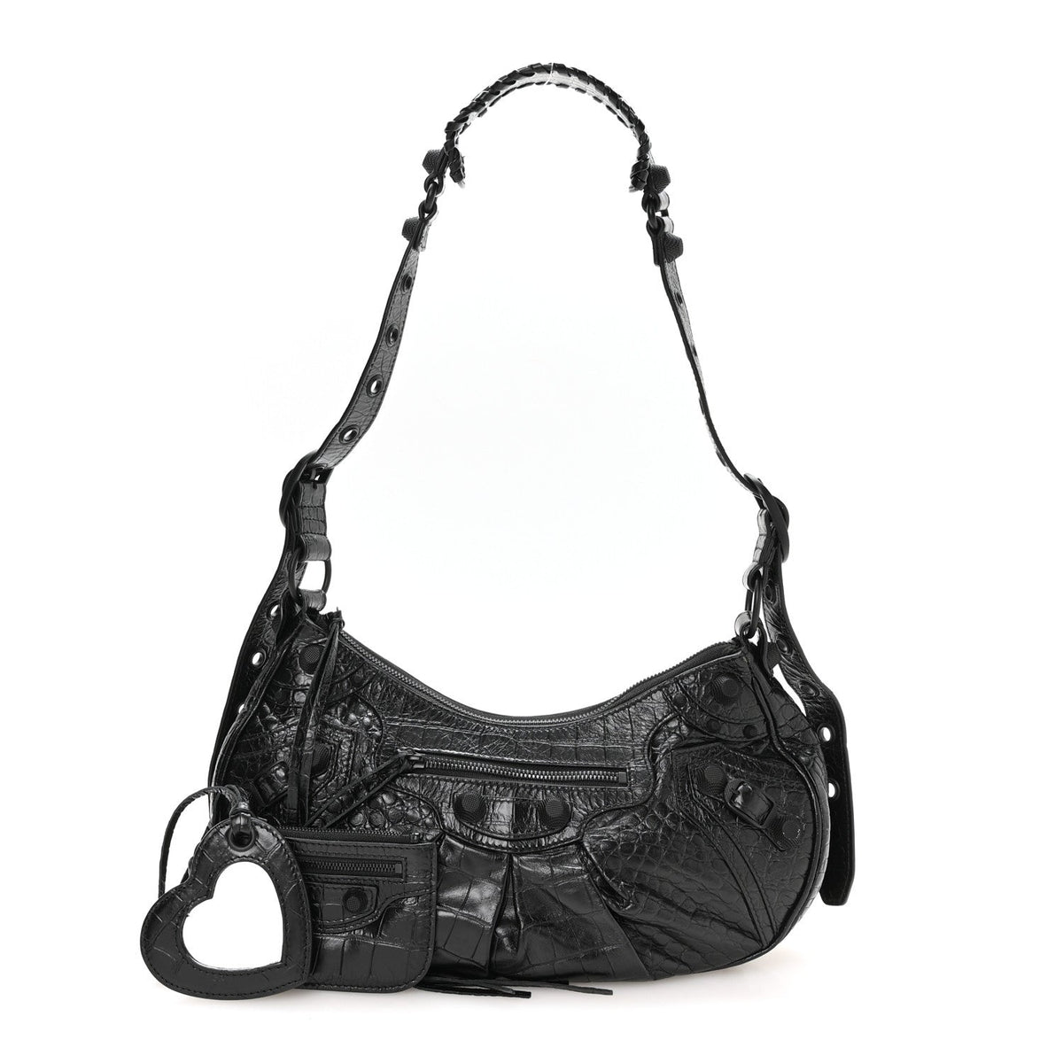 Balenciaga Extra Supple Calfskin Crocodile Embossed Monochrome Small Le Cagole Shoulder Bag Black