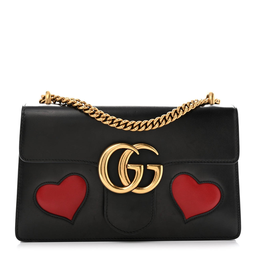 Gucci Knight Calfskin Malaga Kid Heart Medium GG Marmont Chain Handle Bag Black Hibiscus Red Multicolor