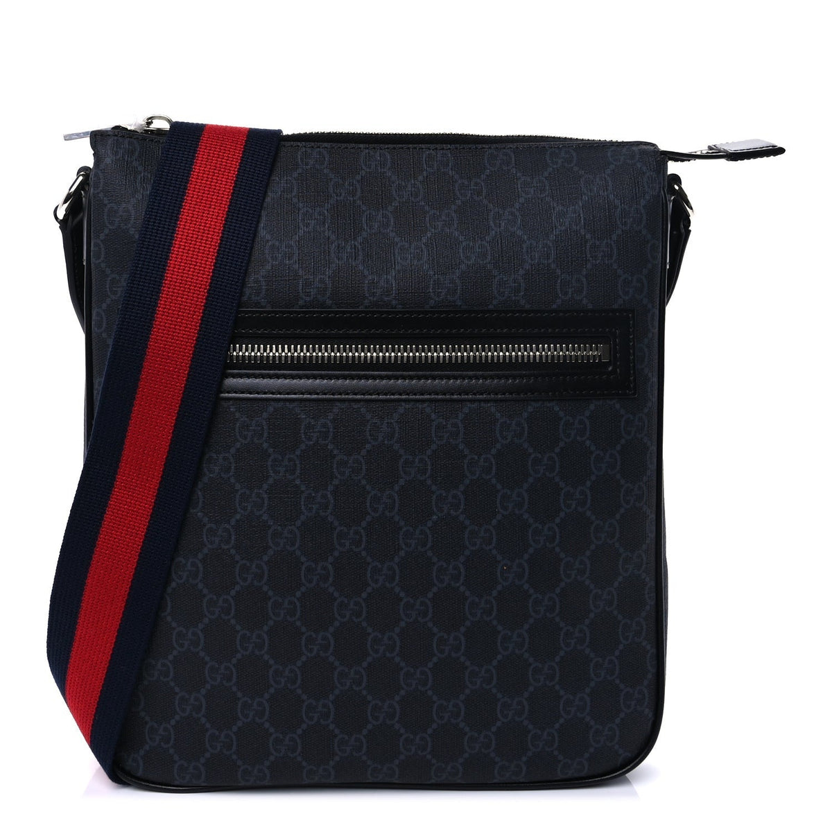Gucci GG Supreme Monogram Appia Calfskin Web Large Messenger Bag Black Grey