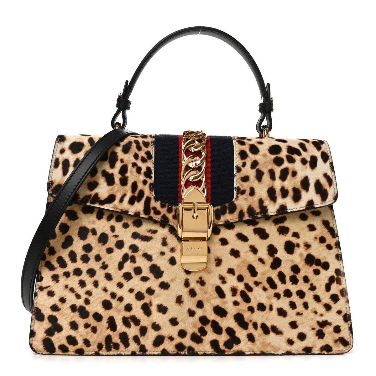 Gucci Calf Hair Leopard Print Medium Sylvie Top Handle Bag Naturale Black Naturale Black