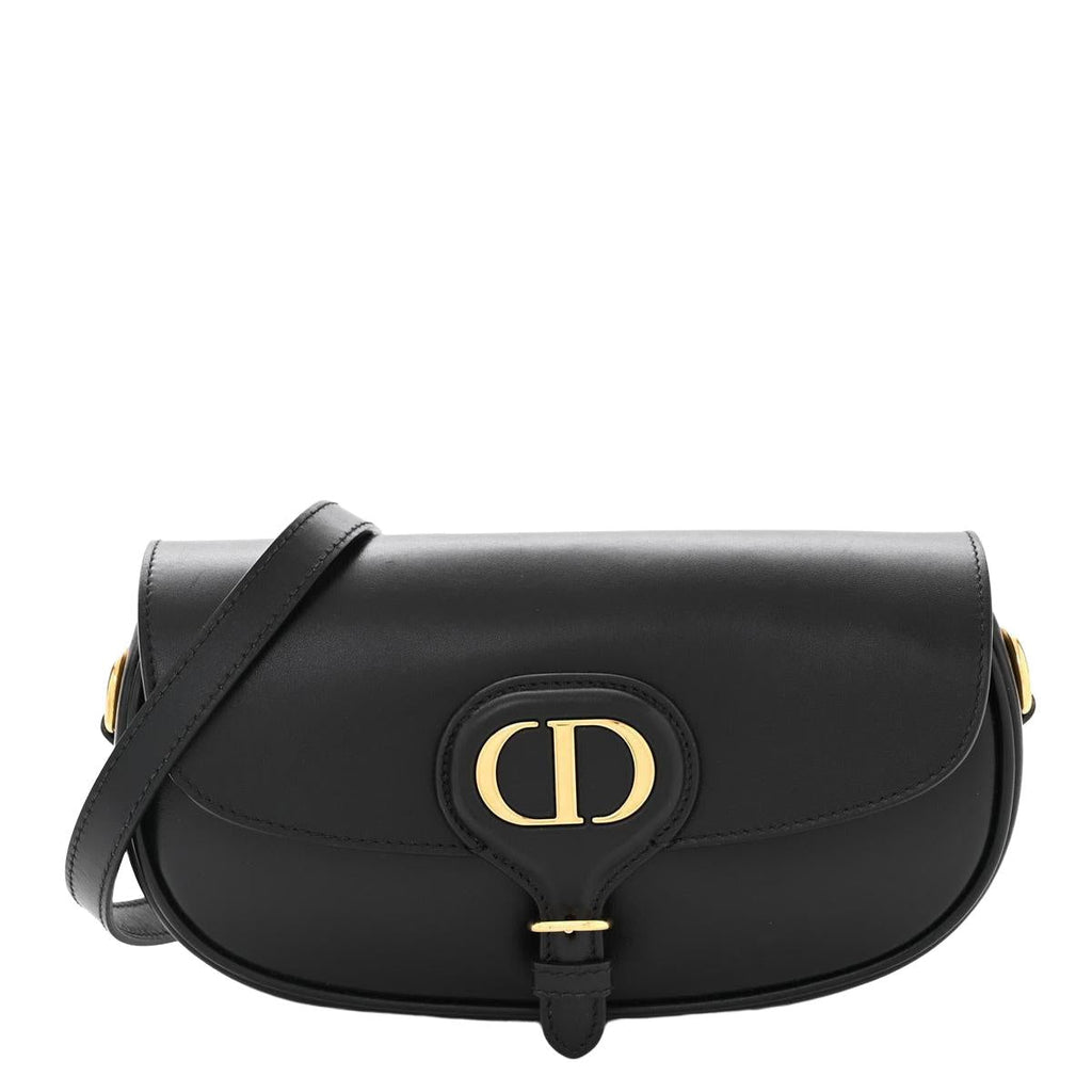 Front view — Dior Bobby East-West Bag in black box calfskin with gold-tone CD clasp and adjustable shoulder strap