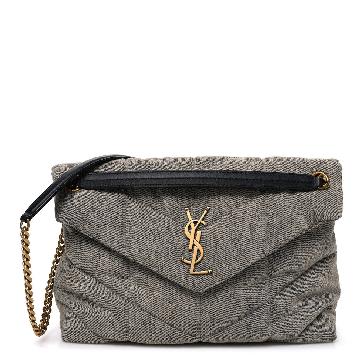 Saint Laurent Denim Quilted Medium Loulou Puffer Monogram Chain Satchel Azur