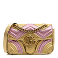 Gucci Metallic Calfskin Matelasse Mini GG Marmont Shoulder Bag Gold Pink