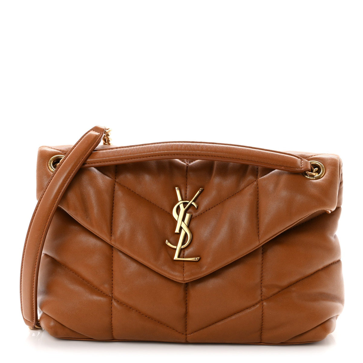 Saint Laurent Lambskin Quilted Small Loulou Puffer Monogram Chain Satchel Dark Dark Honey