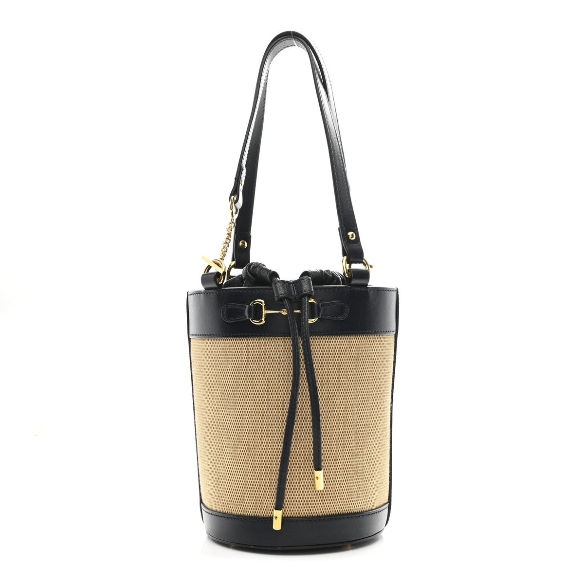 Gucci Canvas Calfskin Small Horsebit 1955 Drawstring Bucket Bag Natural Black