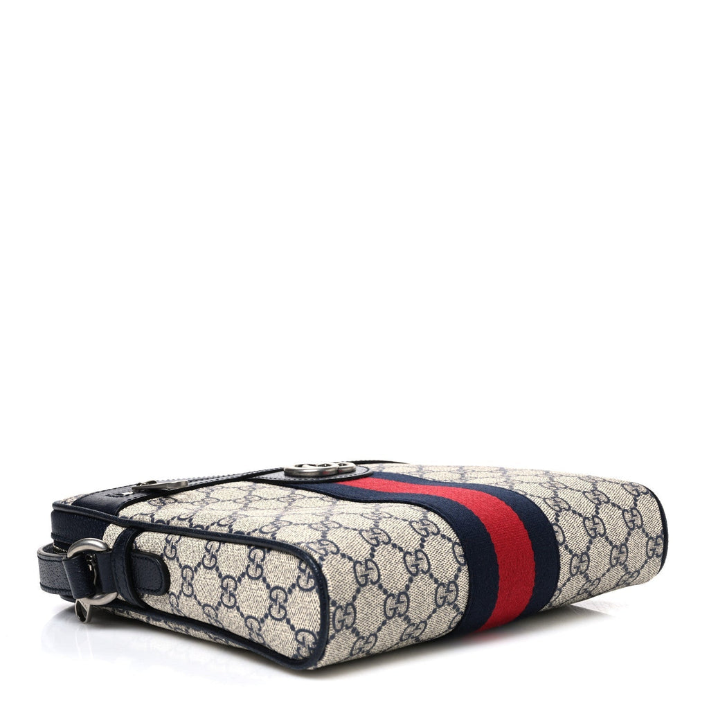 Gucci GG Supreme Monogram Textured Dollar Calfskin Web Small Ophidia Messenger Bag Beige Blue
