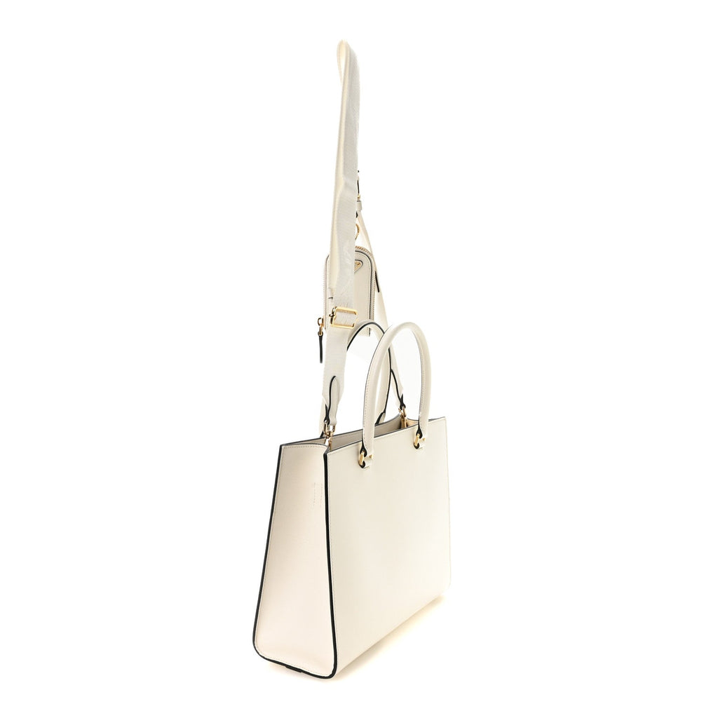 Prada Saffiano Lux Logo Embossed Medium Shoulder Tote Handbag White