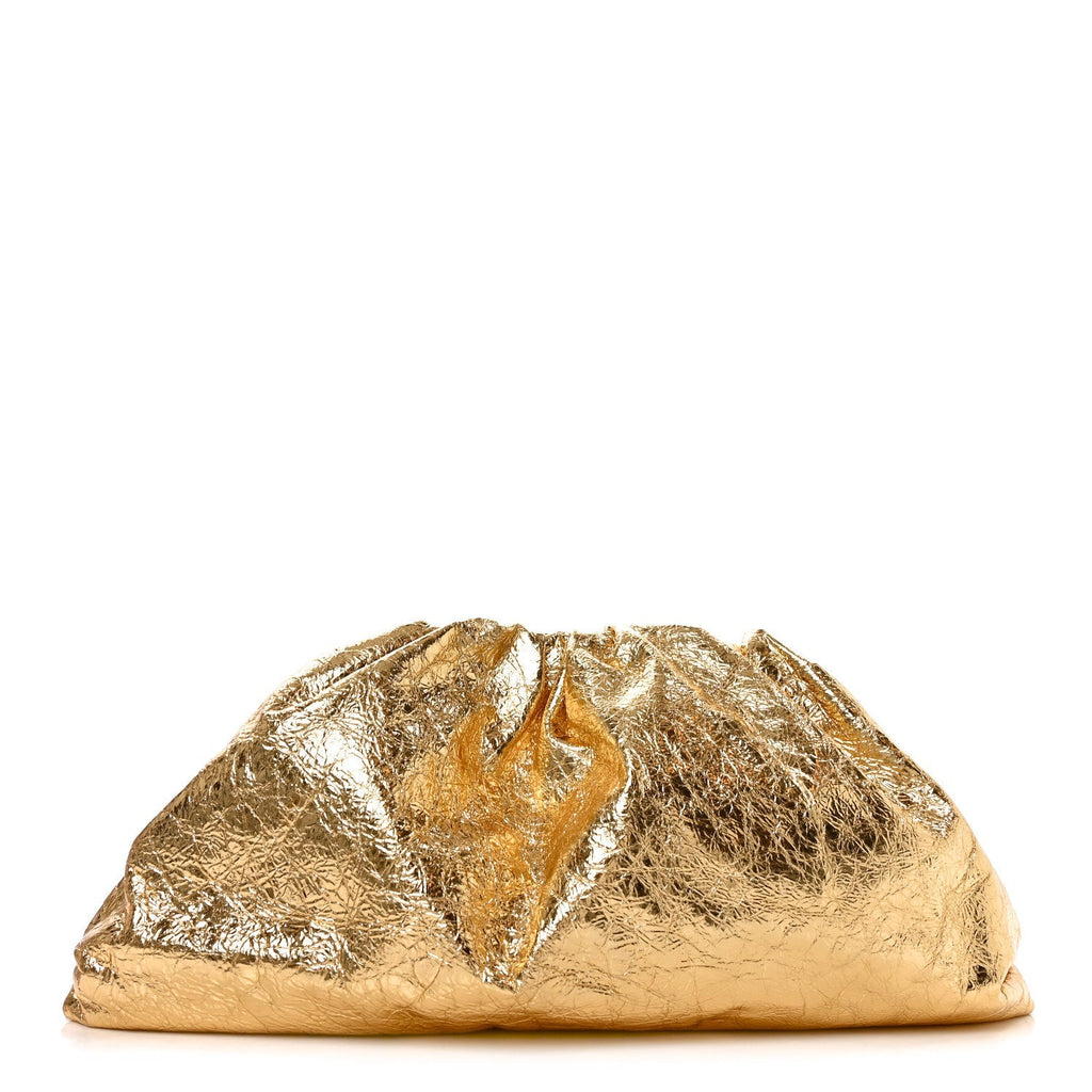 Bottega Veneta Metallic Crinkled Lambskin The Pouch Oversized Clutch Oro