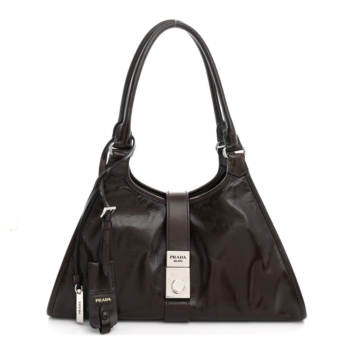Prada Glossy Calfskin Medium Tote Bag Dark Brown front view