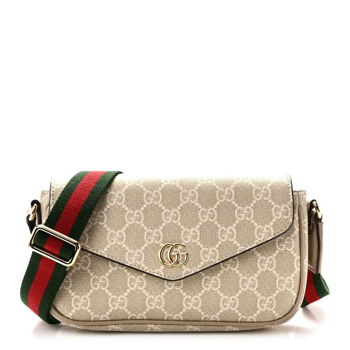 Gucci GG Supreme Monogram Textured Dollar Calfskin Web Mini Ophidia Envelope Shoulder Bag Beige Mystic White Oatmeal
