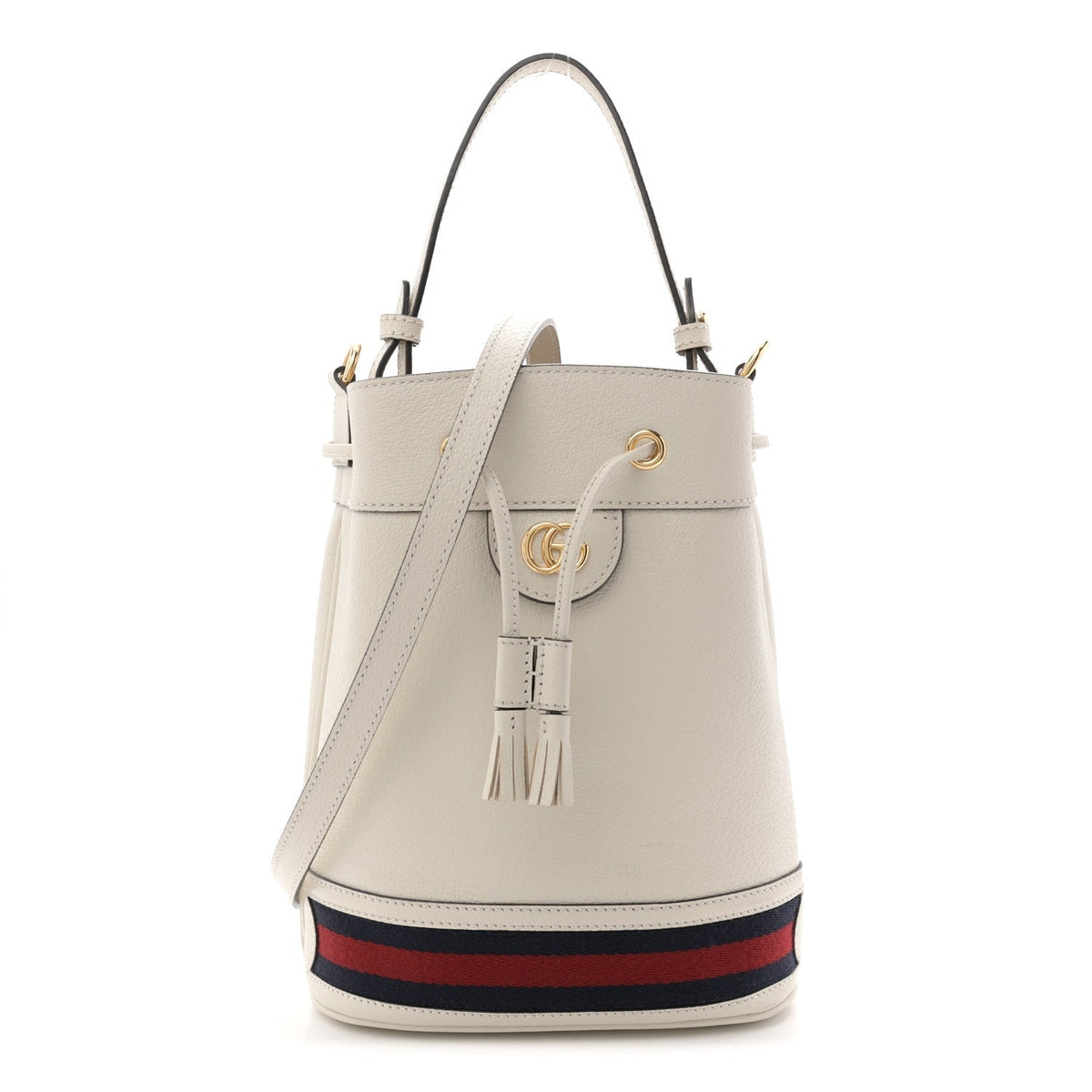 Gucci Glazed Textured Calfskin Web Small Ophidia Bucket Bag Mystic White