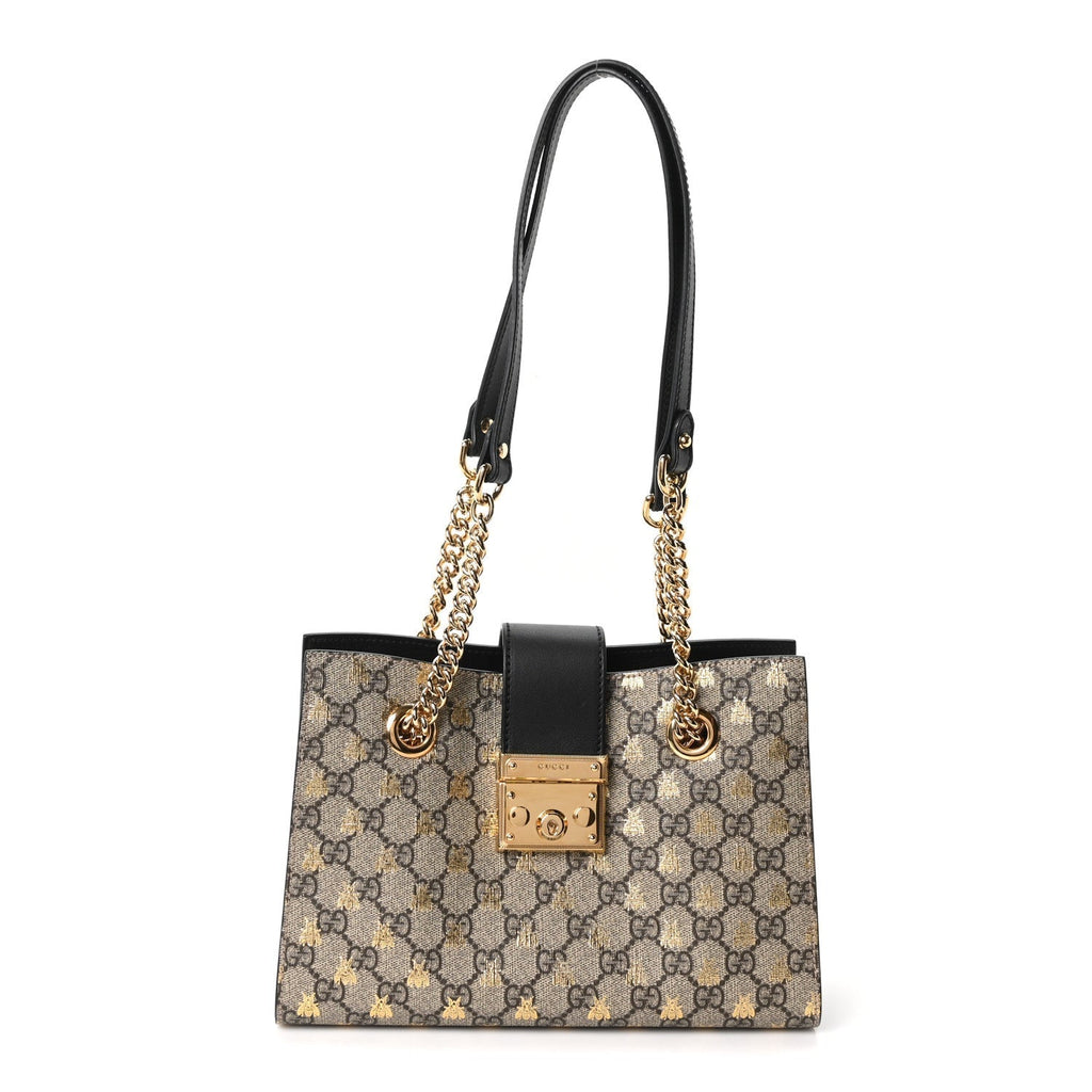 Gucci GG Supreme Monogram Bees Small Padlock Tote Beige Oro Black