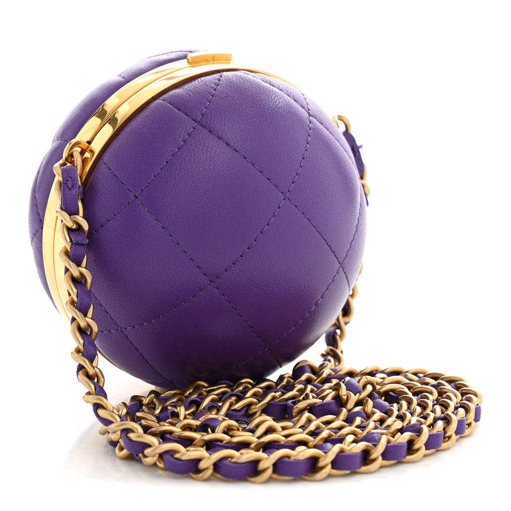 Chanel Lambskin Quilted Sphere Minaudiere Chain Clutch Purple
