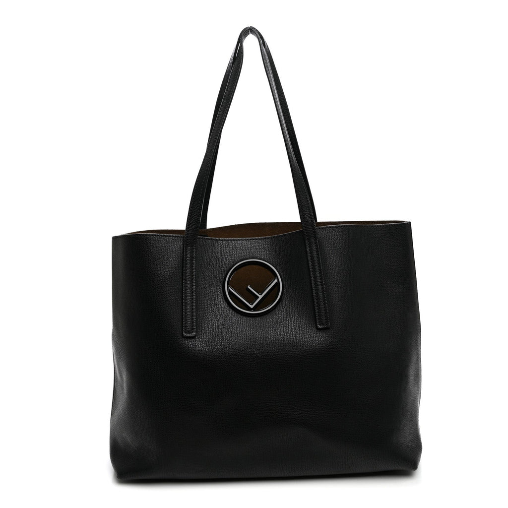 Fendi Vitello Vienna Enamel F is Fendi Shopping Tote Black Taupe
