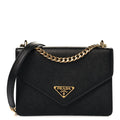 Prada Saffiano Soft Calfskin Metal Triangle Logo Envelope Chain Shoulder Bag Black
