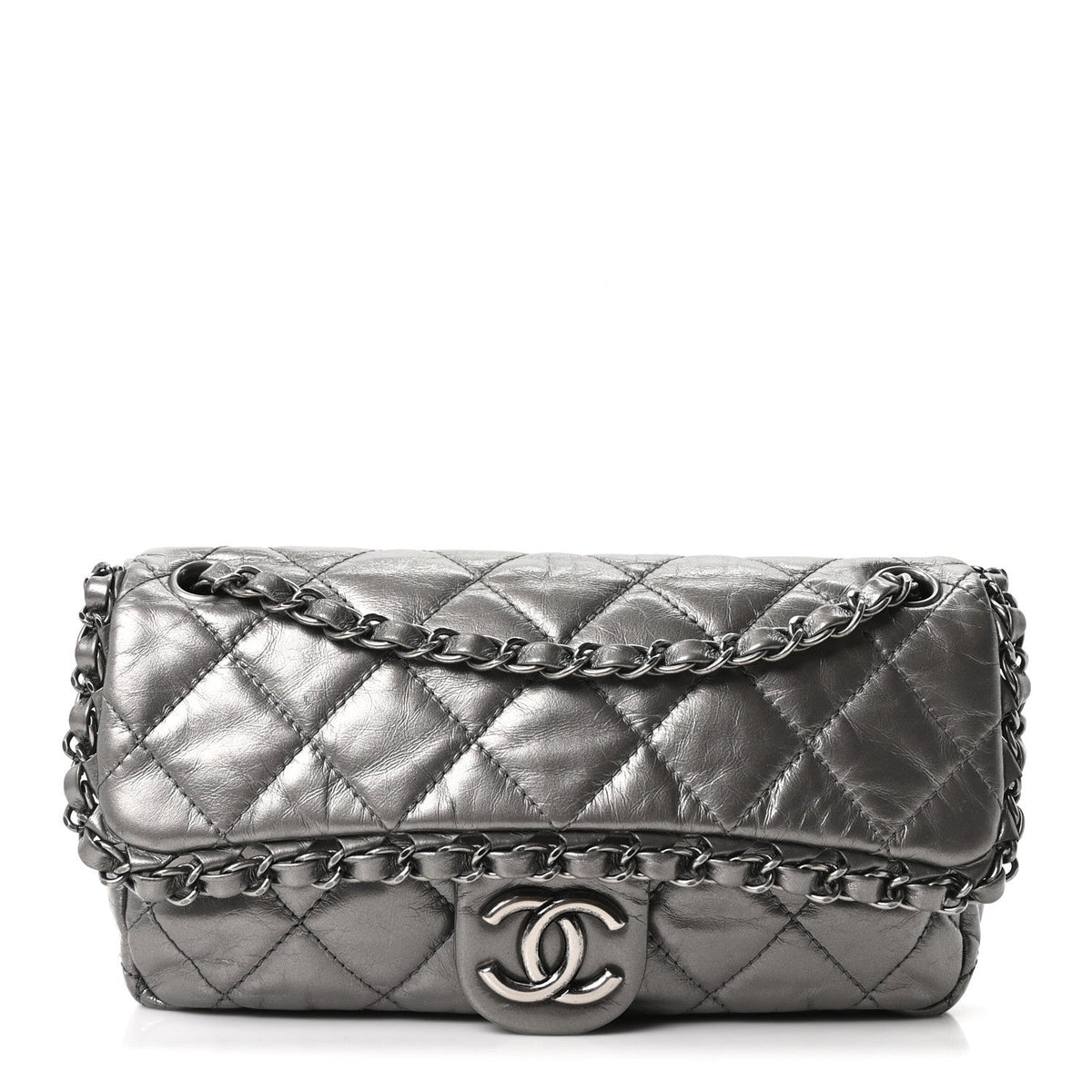 Chanel Metallic Calfskin Quilted Medium Chain Me Flap Grey