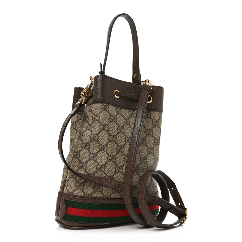 Gucci GG Supreme Monogram Web Small Ophidia Bucket Bag Brown side view