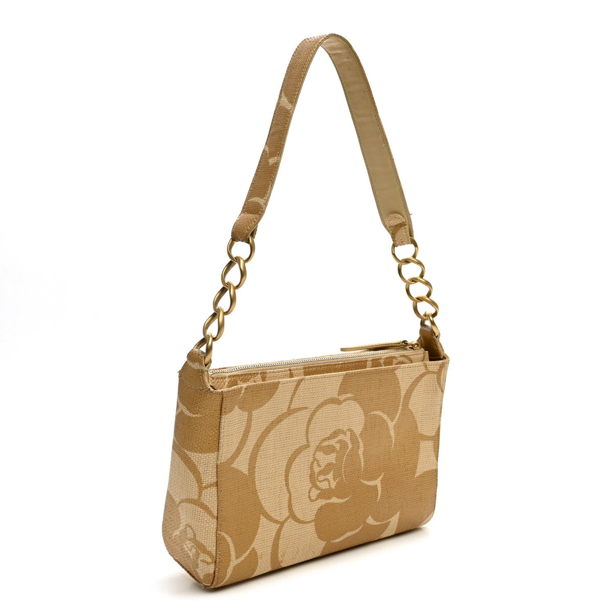Chanel Woven Straw Camellia Print Shoulder Bag Gold