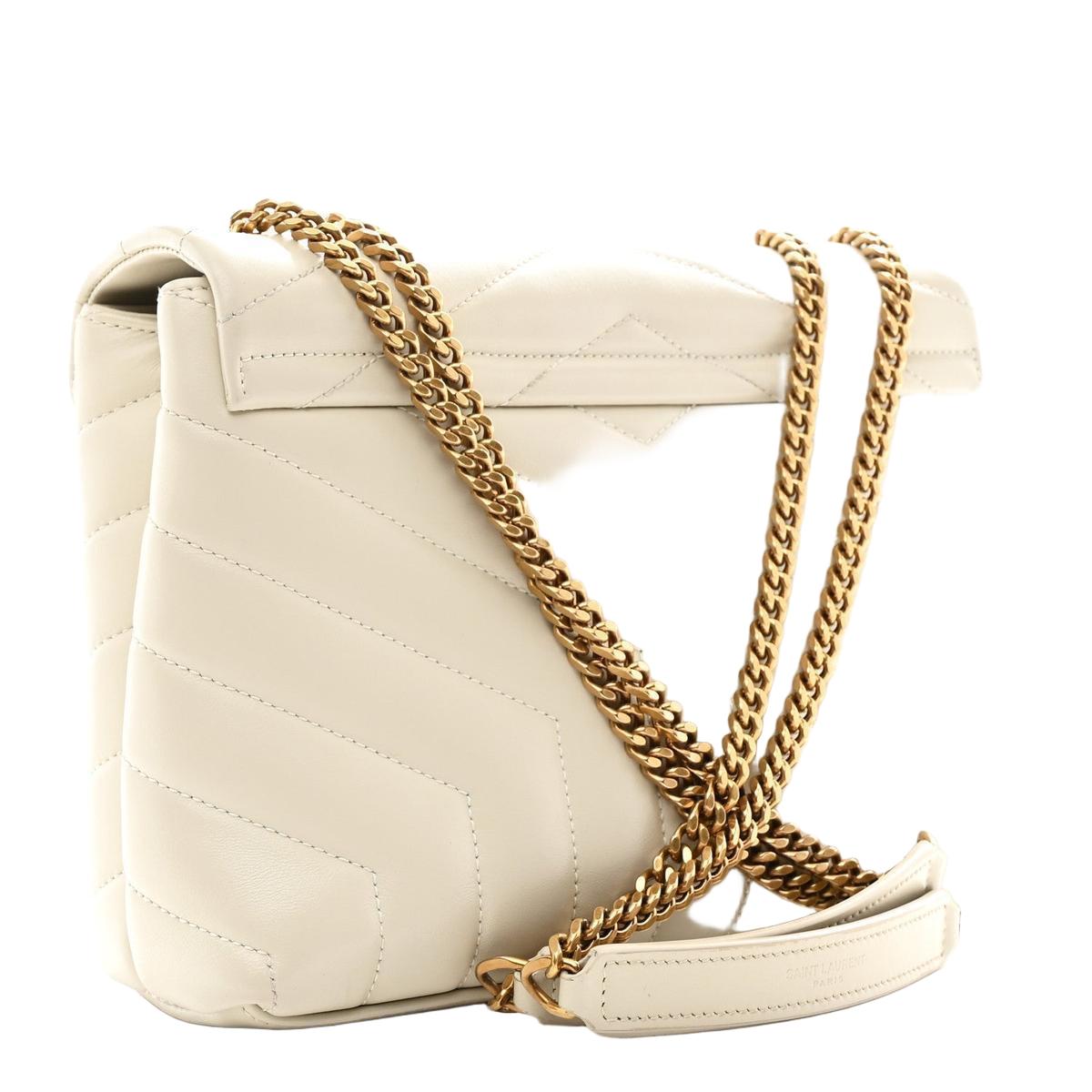 3/4 back view — Saint Laurent Loulou Small Chain Bag in ivory matelassé quilted calfskin with aged gold-tone chain strap