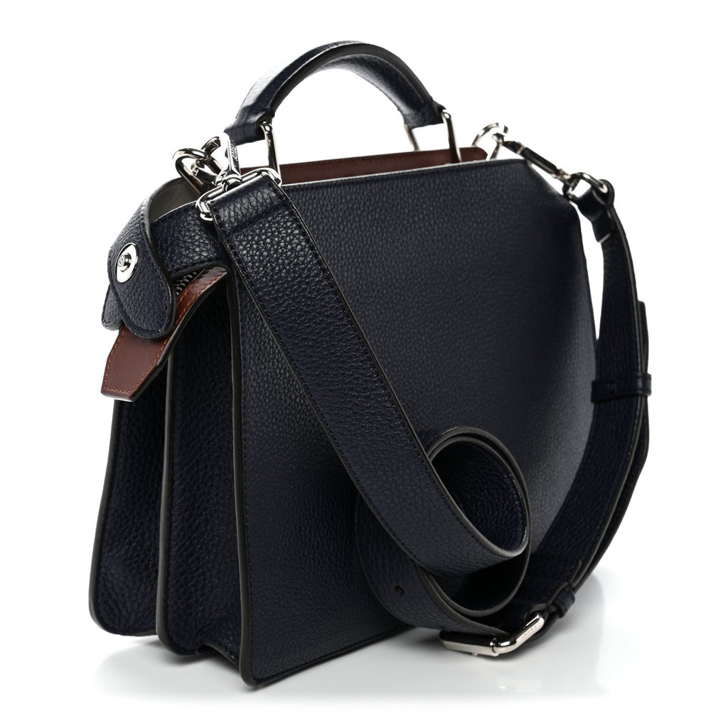 Fendi Cuoio Romano Vitello Cover Glazed Fabric Bi-Color FF 1974 Mini Peekaboo I SEE U Satchel Blue Dark Brown Tobacco Moro