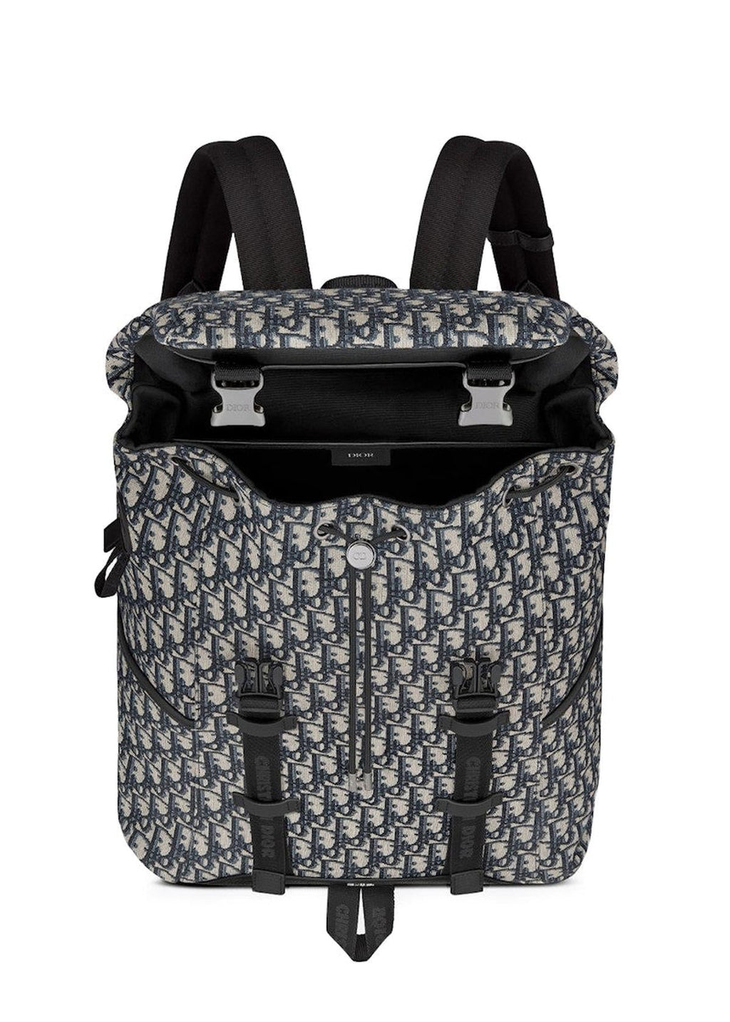 Open/interior view — Dior Men's Explorer Backpack in Dior Oblique jacquard with double clip-buckle front flap and interior compartment
