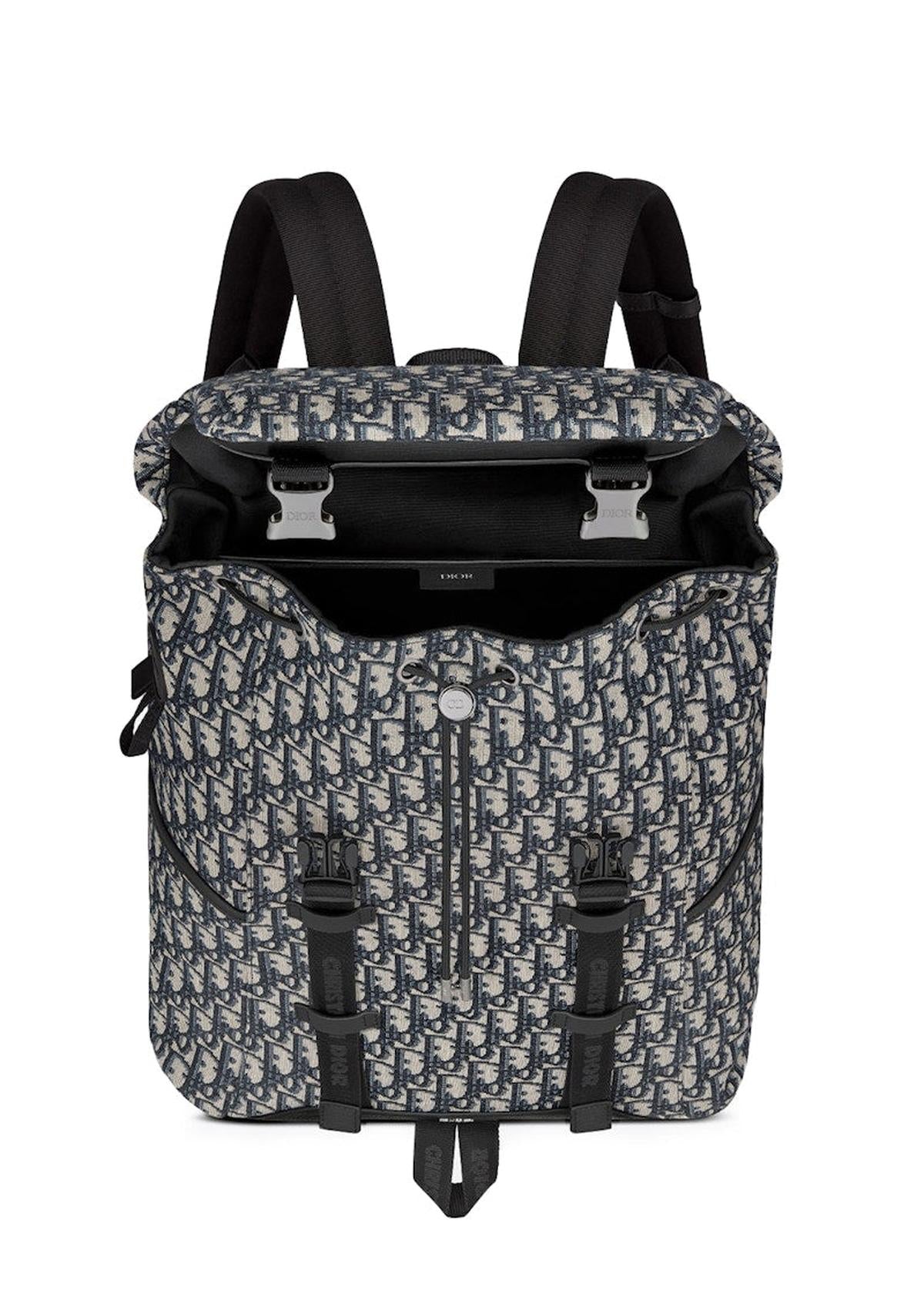 Open/interior view — Dior Men's Explorer Backpack in Dior Oblique jacquard with double clip-buckle front flap and interior compartment