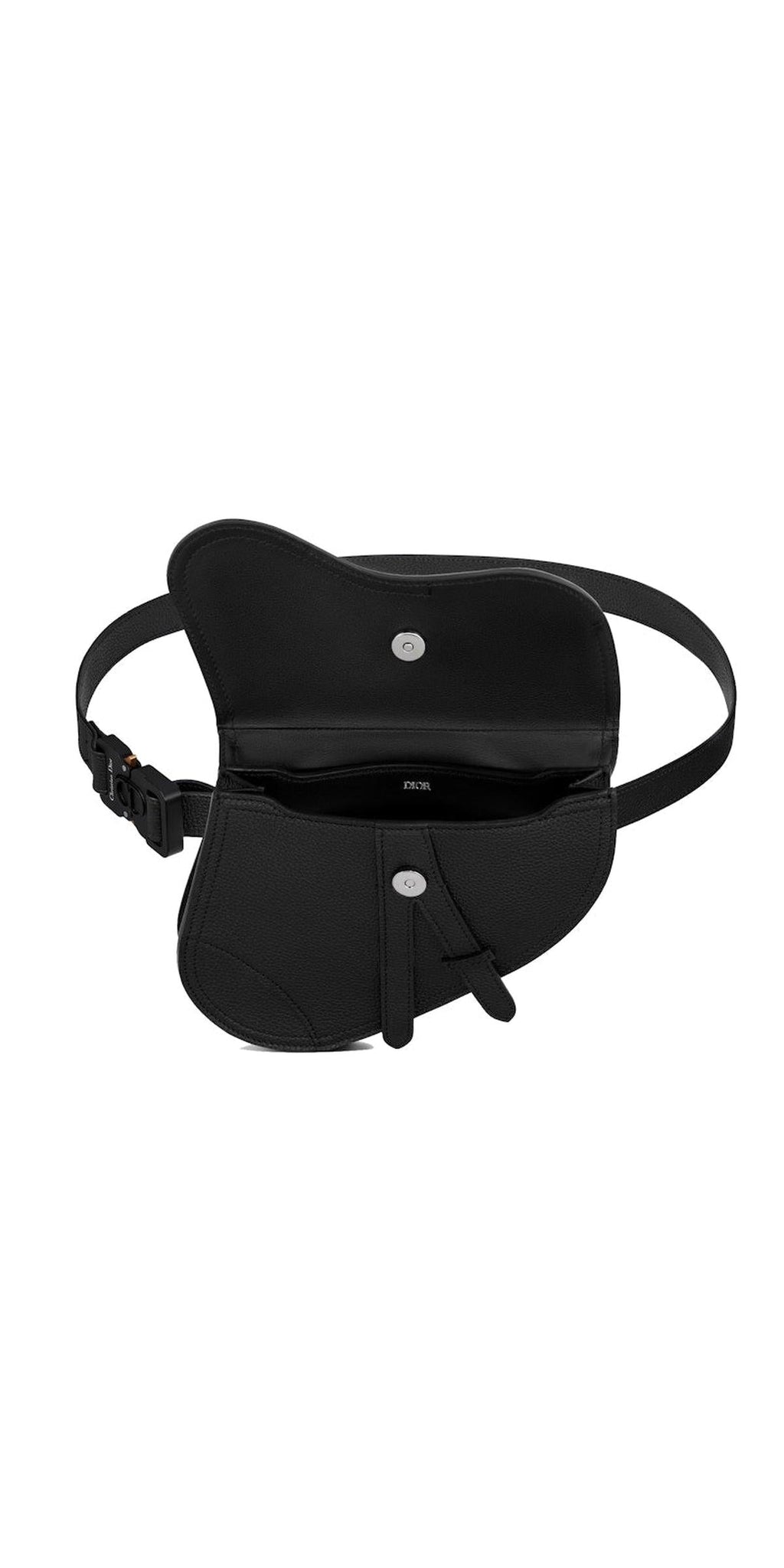 Open/interior view — Dior Men's Saddle Belt Bag in black grained calfskin showing interior and 'Christian Dior' clip-buckle waist strap