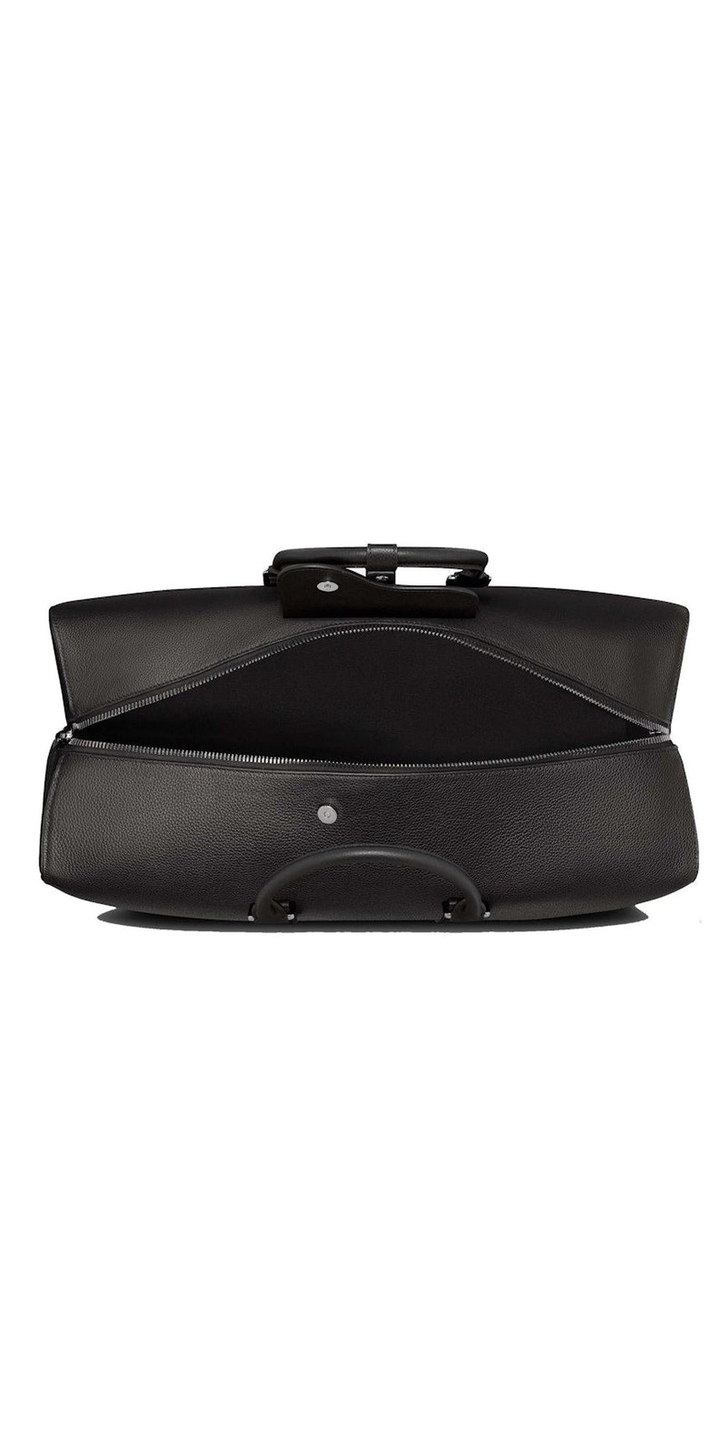 Open/interior view — Dior x ERL Lingot 50 Weekend Bag in black grained leather with ERL daisy motif and zip-top closure