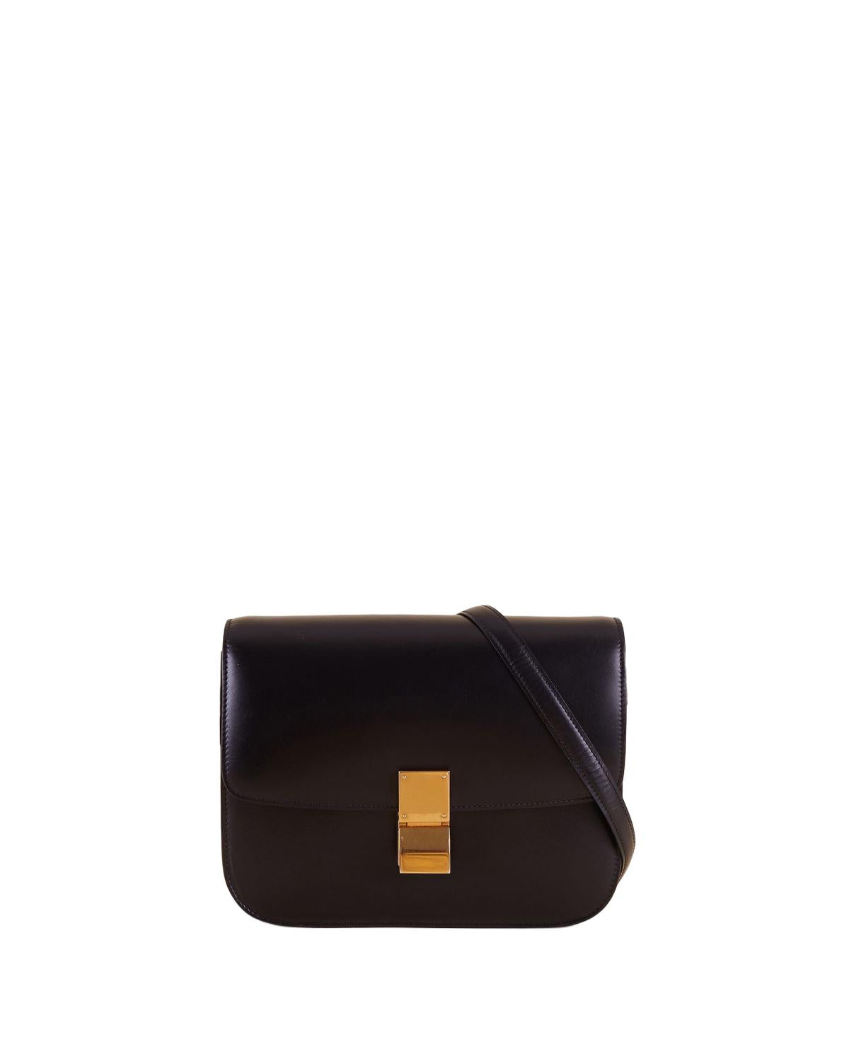 Celine Classic Box Medium Bag black calfskin front view