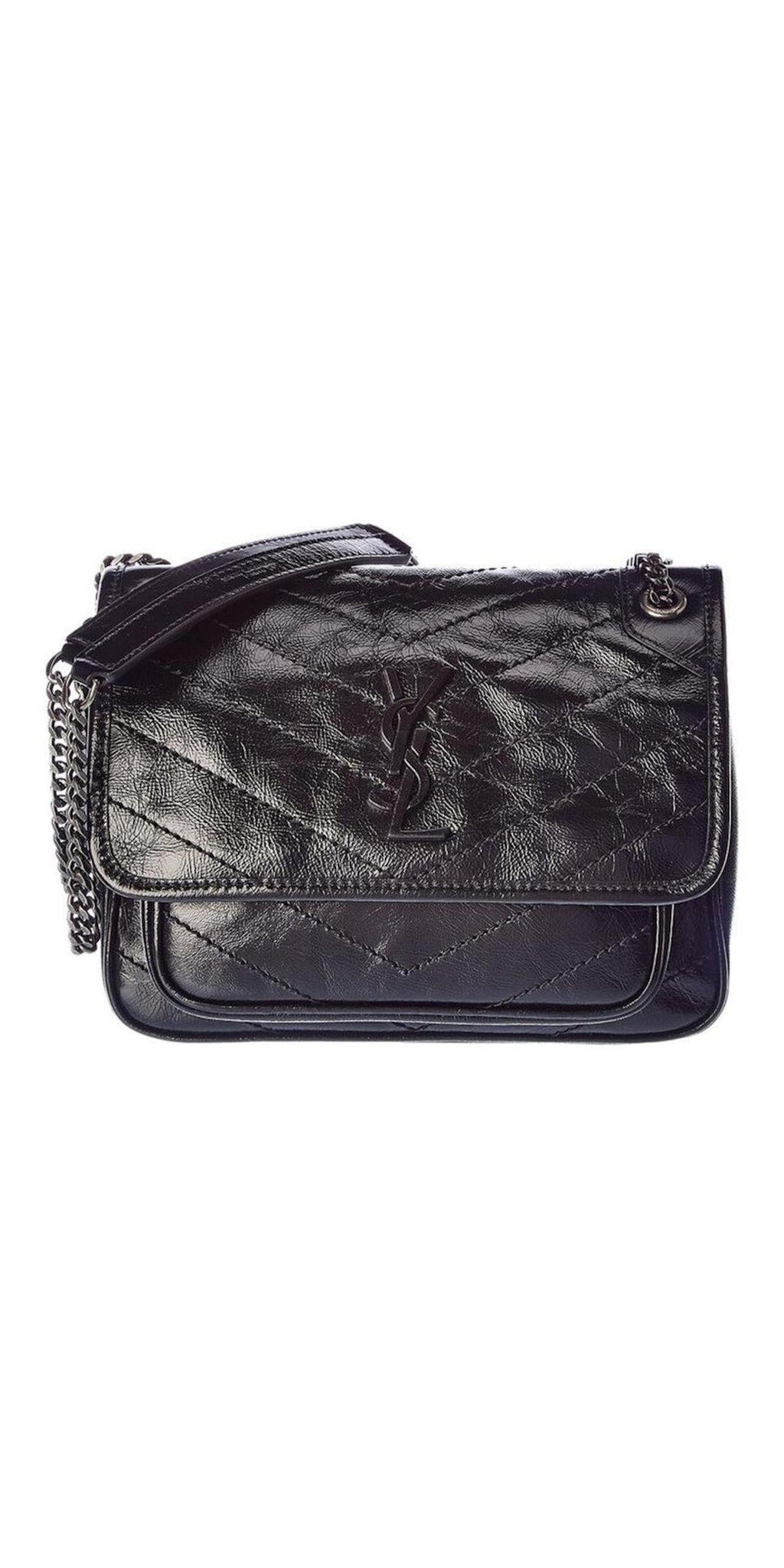 Front view — Saint Laurent Niki Baby Shoulder Bag in black crinkled vintage calfskin with dark silver chain strap