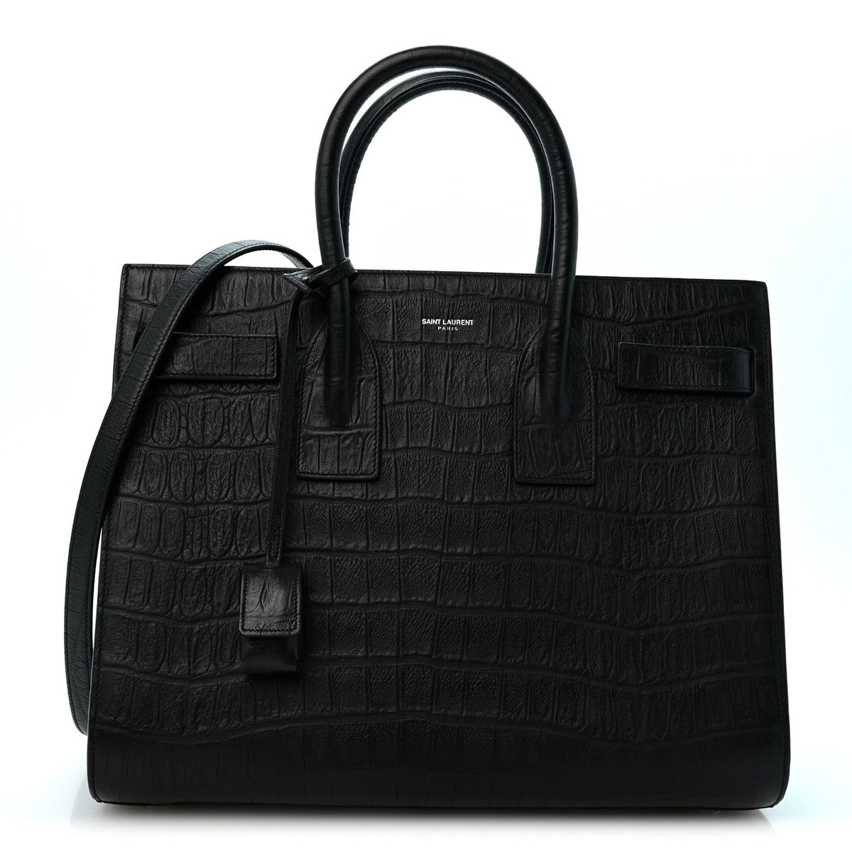 Saint Laurent Calfskin Crocodile Embossed Small Sac de Jour Black
