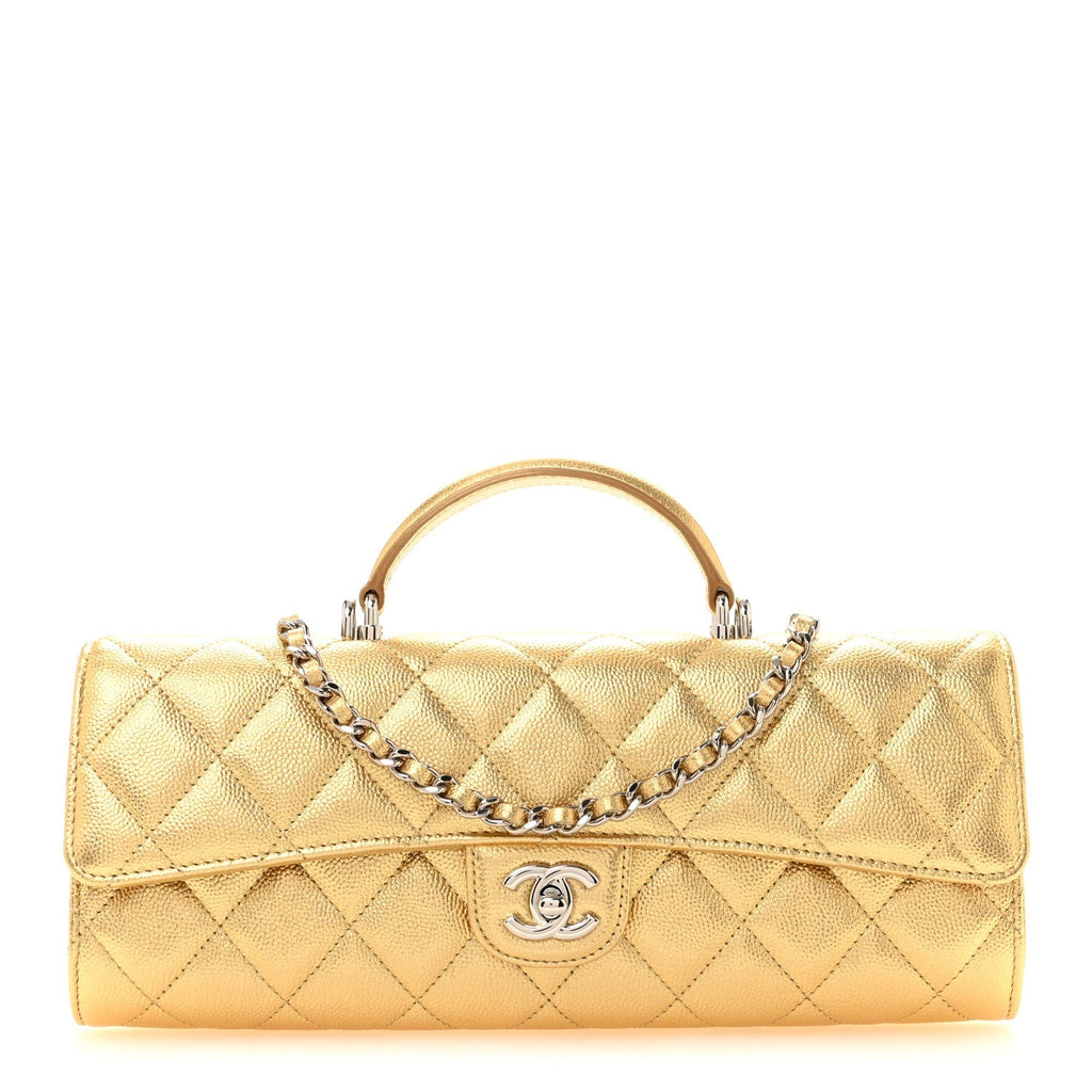 Chanel Metallic Caviar Quilted Top Handle Long Clutch With Chain Gold