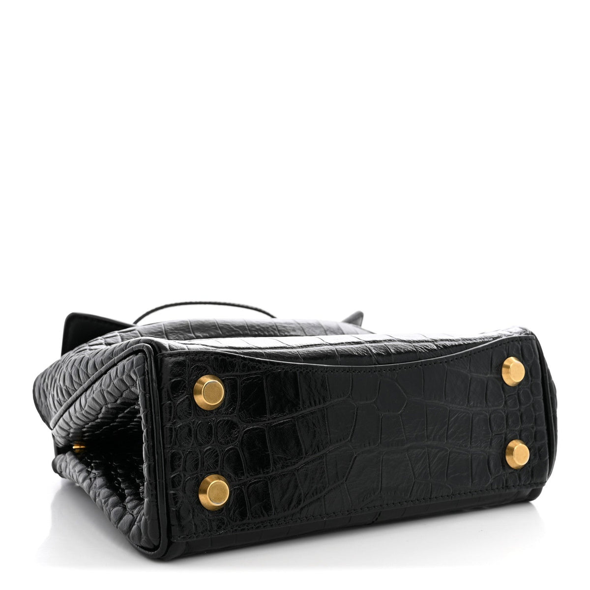 Balenciaga Shiny Calfskin Crocodile Embossed Mini Rodeo Top Handle Handbag Black