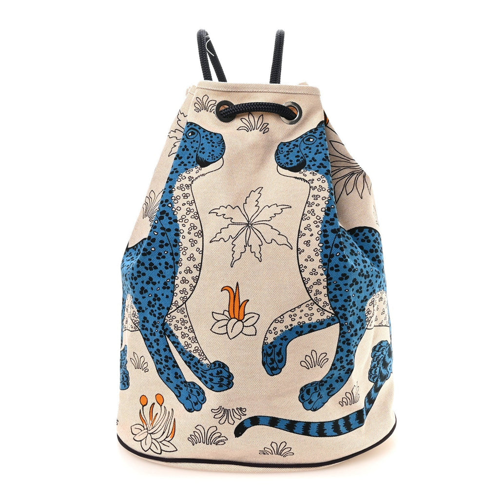 Hermès Cotton Canvas Les Leopards Tote Bag Bleu Sable